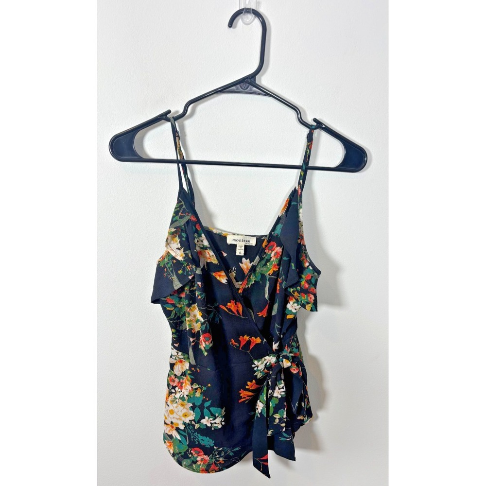 Monteau Wrap Black Floral Top Size Small Beachy Tank Lightweight Cropped